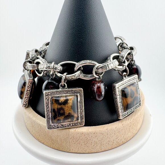 Vintage Leopard Print Square Chain Bracelet Cheetah Charm Bead Chunky Statement - Picture 3 of 11